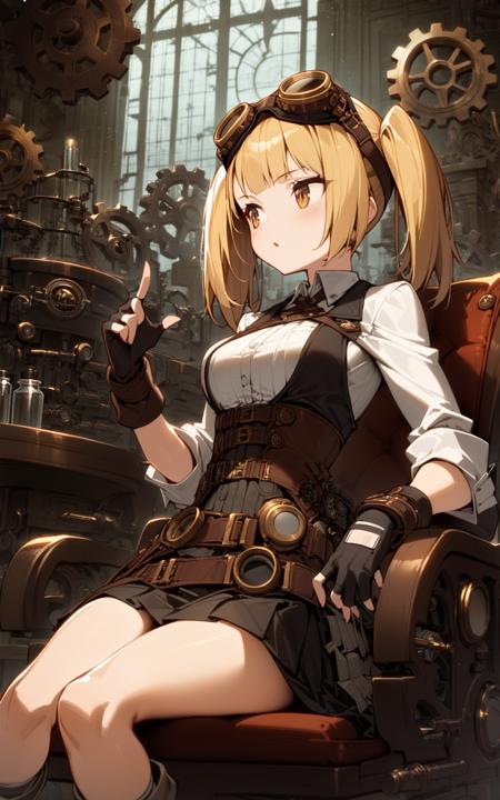 25615-1-1girl, scientist, sitting, chair, blonde hair, twintails, short hair, steampunk, cowboy shot, indoors, fingerless gloves, goggle.png